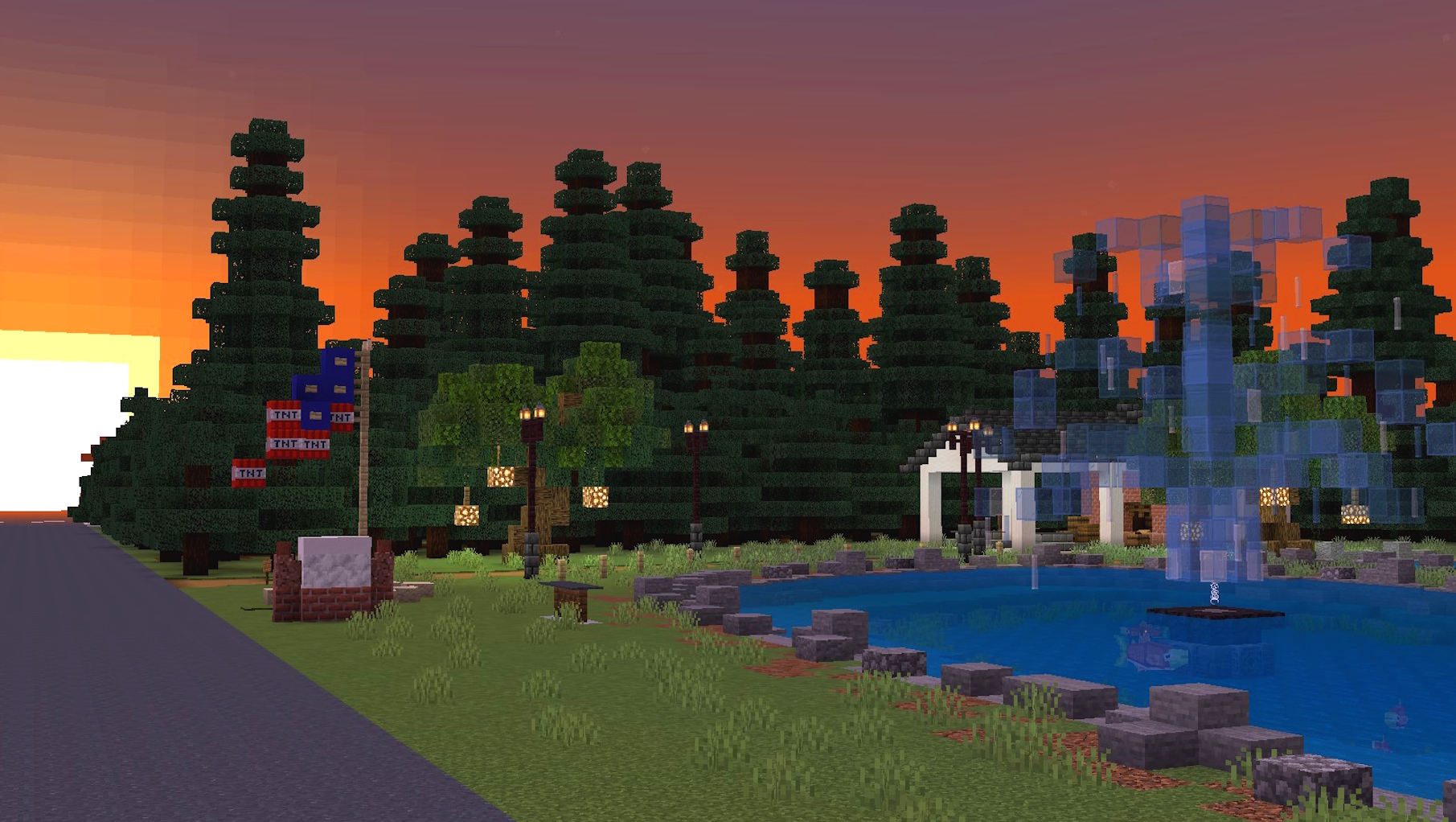 Minecraft lake with sunset